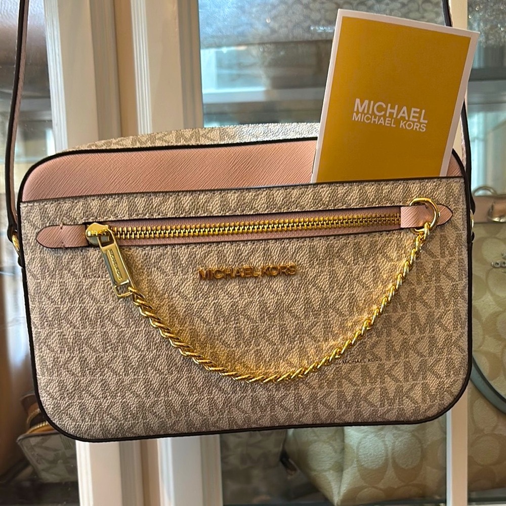 Michael Kors Cream and Pink Crossbody Bag with Gold Accents